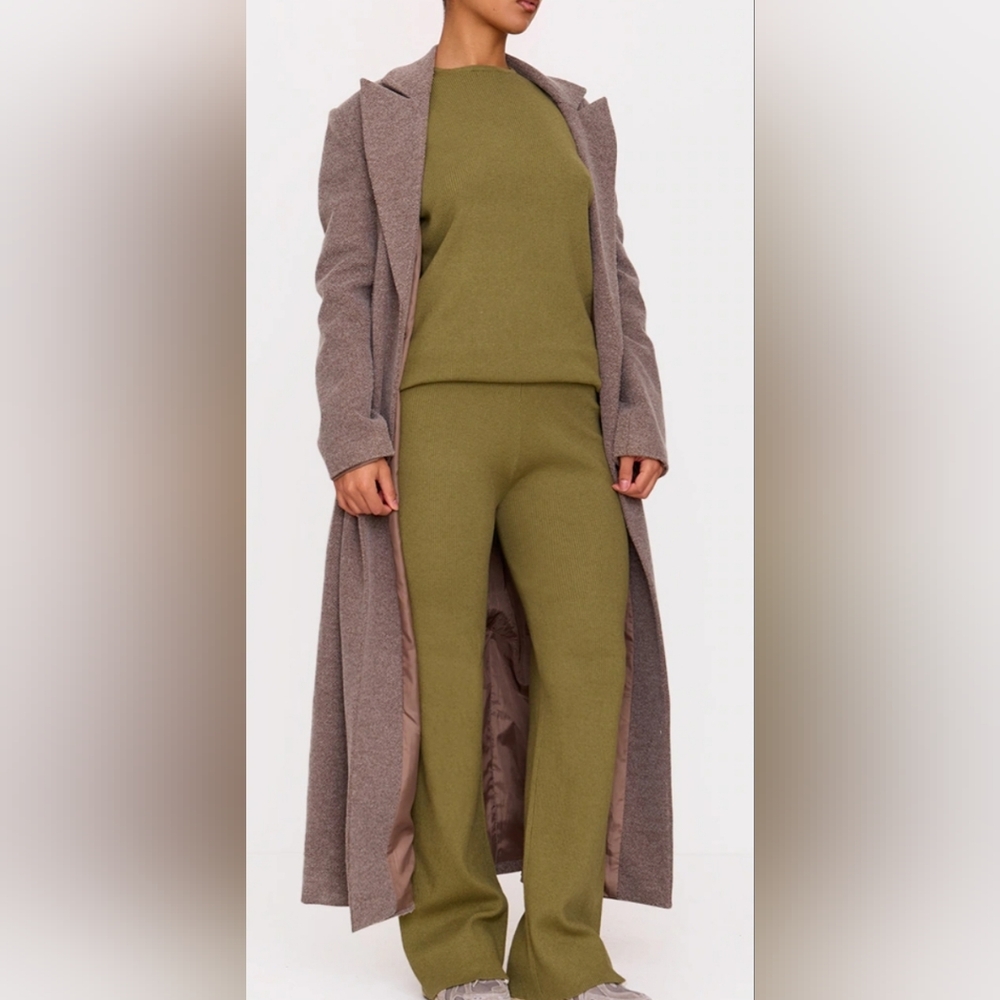 Pretty Little Thing Light Rib Knit S Top & M Wide Leg Pants Set Green Khaki NWT